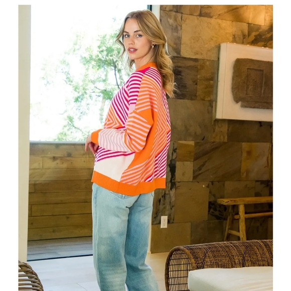 THML Ladies Asymmetrical Stripe Pattern Crew Neck Sweater. Size M - Picture 2 of 10